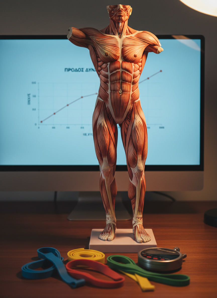 A close-up of a detailed anatomical model of the human musculature, focusing on the lower body, positioned on a polished wooden desk. Colored elastic resistance bands and a stainless-steel stopwatch lie neatly in the foreground, while a large computer monitor in the background displays a Greek-language graph of strength progression over time. Warm, directional desk-lamp lighting from the right creates defined yet soft shadows that accentuate the muscle contours and textures. Photographic realism, shot at a slight angle using the rule of thirds, with moderate depth of field to keep both the model and training tools in clear focus, conveying precision, expertise, and structured coaching.