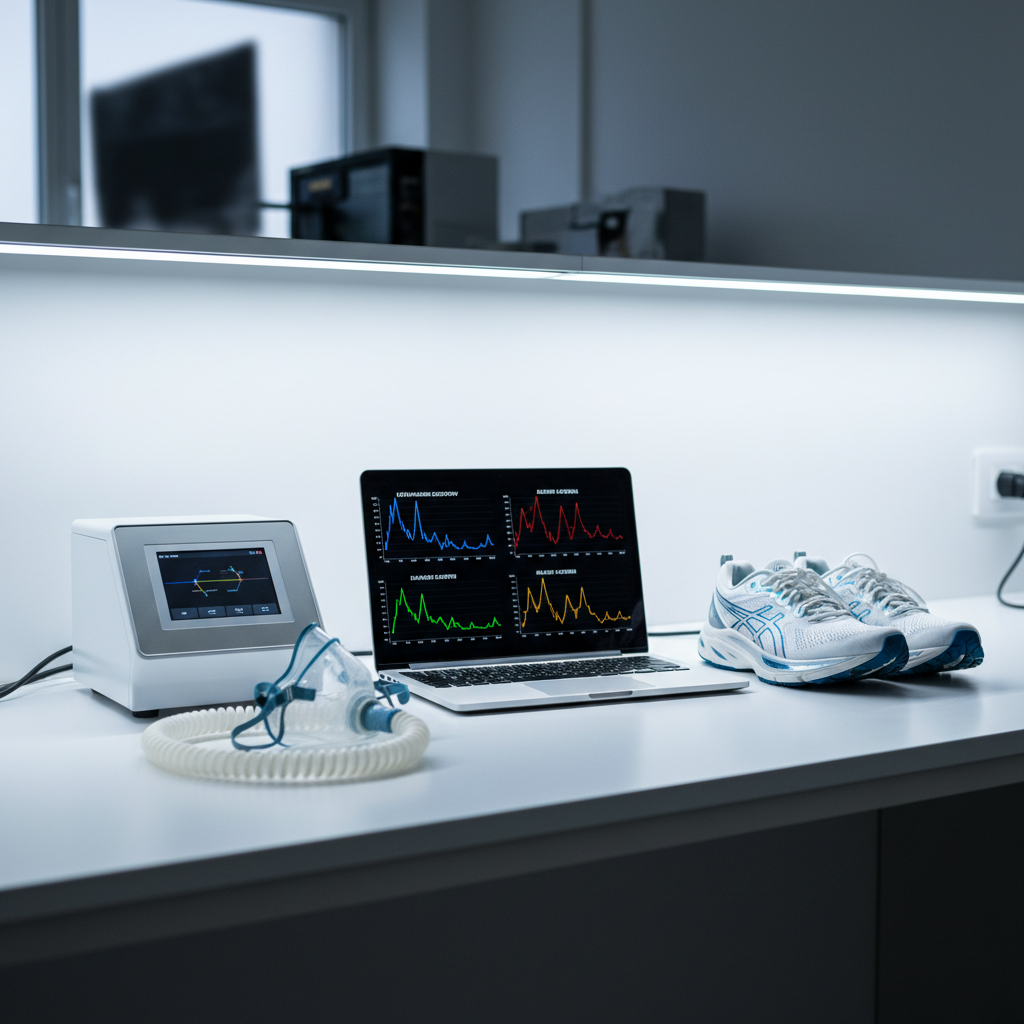 A pristine white laboratory bench with a sophisticated VO2 max analyzer, clear tubing coiled neatly, and a sleek laptop displaying colorful graphs of oxygen uptake and heart rate in Greek labels. Beside them, a pair of modern running shoes with breathable mesh and reflective accents sits perfectly aligned. Cool, even overhead lighting creates a clinical, high-tech atmosphere, with crisp reflections on metal surfaces and clear shadows outlining each object. Captured from a slightly elevated angle with sharp focus throughout, photographic realism, highlighting the connection between high-performance training and rigorous physiological measurement in a contemporary sports science setting.